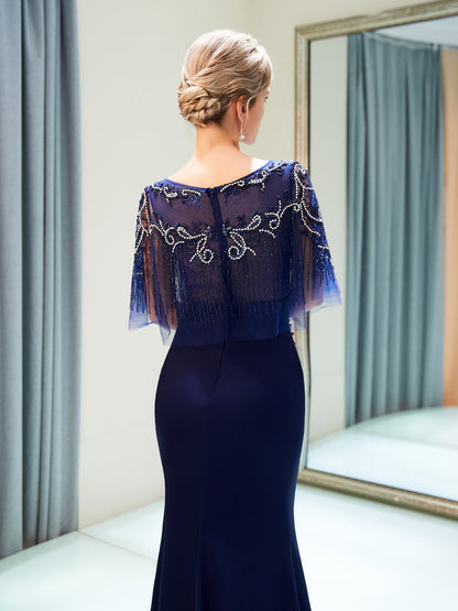 7-Day Dispatch Boat Neck Sequin Fringe Capelet Mermaid Evening Gown Two Color Options Navy Blue & Red Formal Dress
