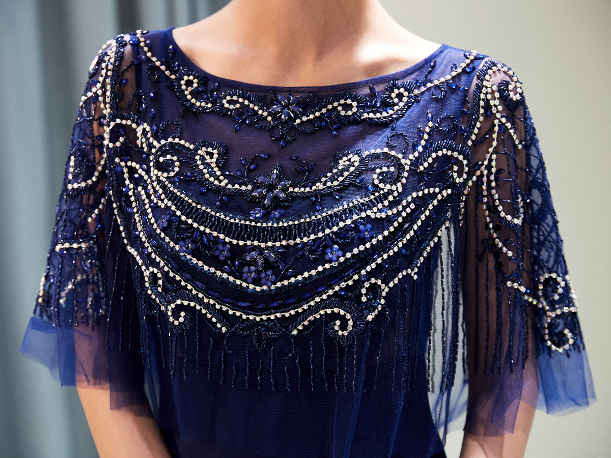 7-Day Dispatch Boat Neck Sequin Fringe Capelet Mermaid Evening Gown Two Color Options Navy Blue & Red Formal Dress