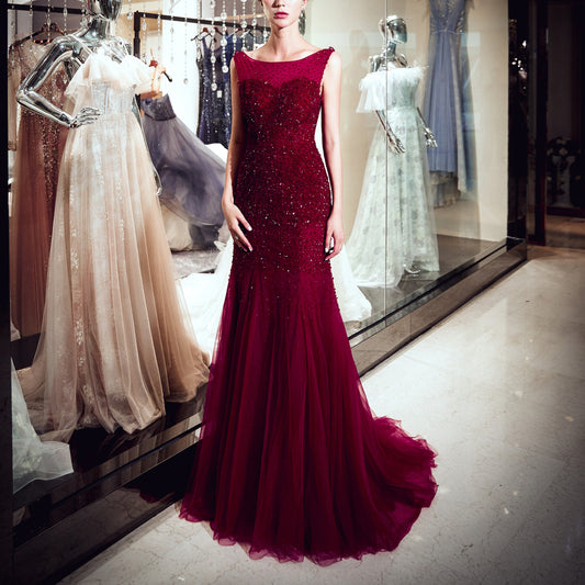 7-Day Dispatch Boat Neck Sleeveless Burgundy Beaded Mermaid Gown Draped Beaded Back Sheer Tulle Train Evening Dress