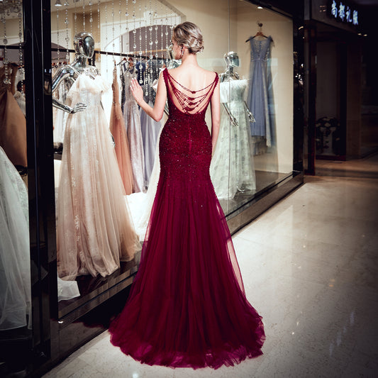7-Day Dispatch Boat Neck Sleeveless Burgundy Beaded Mermaid Gown Draped Beaded Back Sheer Tulle Train Evening Dress