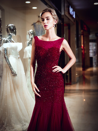 7-Day Dispatch Boat Neck Sleeveless Burgundy Beaded Mermaid Gown Draped Beaded Back Sheer Tulle Train Evening Dress