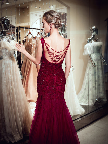 7-Day Dispatch Boat Neck Sleeveless Burgundy Beaded Mermaid Gown Draped Beaded Back Sheer Tulle Train Evening Dress