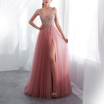 7-Day Dispatch Deep V-Neck Sleeveless Dusty Pink Beaded Bodice Tulle Evening Gown High Slit Open Back Prom Dress