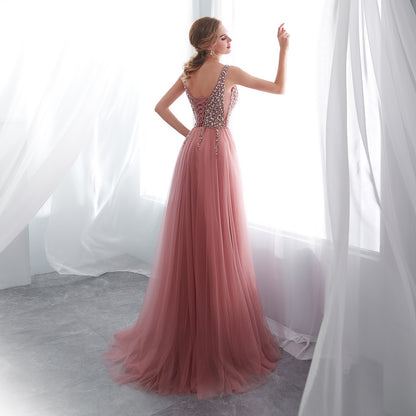 7-Day Dispatch Deep V-Neck Sleeveless Dusty Pink Beaded Bodice Tulle Evening Gown High Slit Open Back Prom Dress