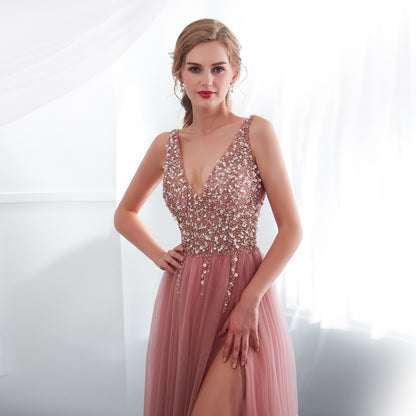 7-Day Dispatch Deep V-Neck Sleeveless Dusty Pink Beaded Bodice Tulle Evening Gown High Slit Open Back Prom Dress