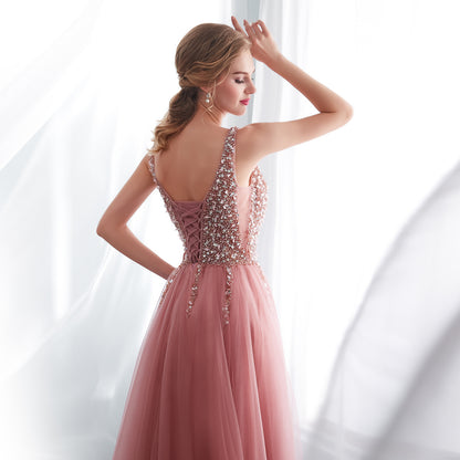 7-Day Dispatch Deep V-Neck Sleeveless Dusty Pink Beaded Bodice Tulle Evening Gown High Slit Open Back Prom Dress