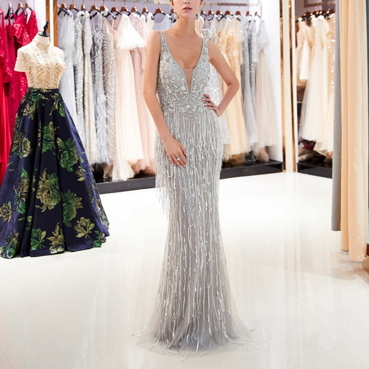 7-Day Dispatch Deep V-Neck Sleeveless Silver Grey Beaded Fringe Mermaid Gown Illusion Mesh V-Back Evening Dress