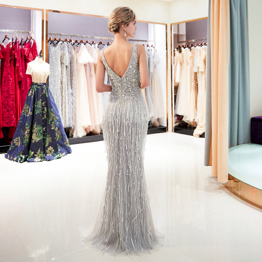 7-Day Dispatch Deep V-Neck Sleeveless Silver Grey Beaded Fringe Mermaid Gown Illusion Mesh V-Back Evening Dress