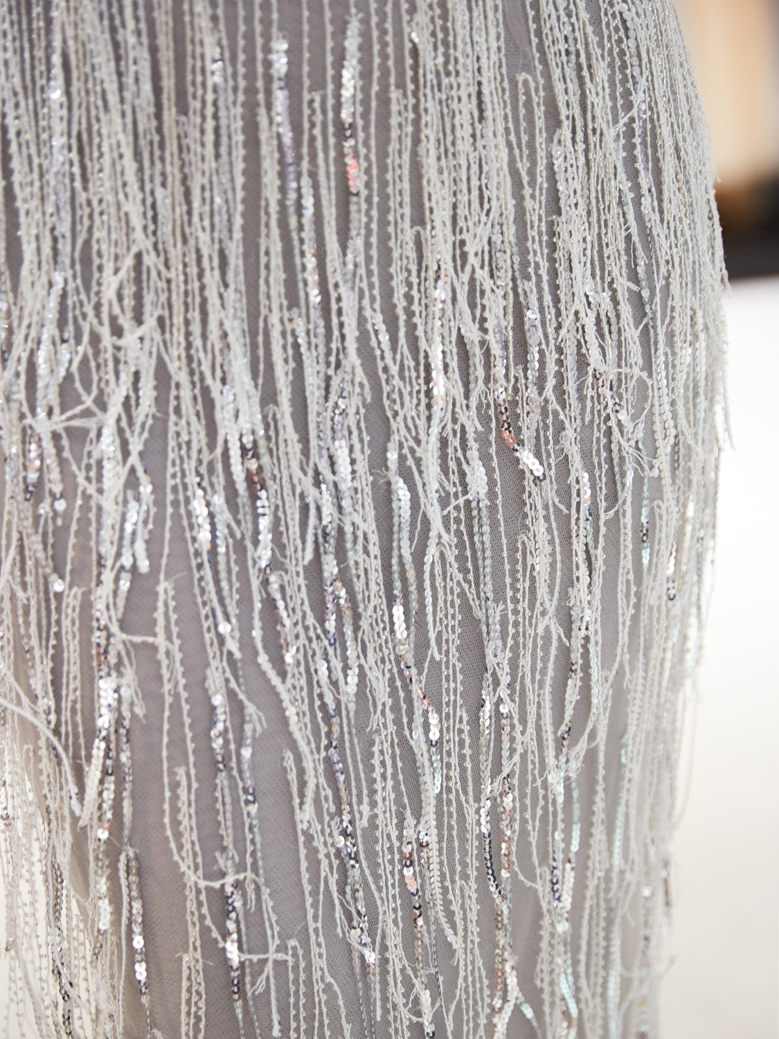7-Day Dispatch Deep V-Neck Sleeveless Silver Grey Beaded Fringe Mermaid Gown Illusion Mesh V-Back Evening Dress