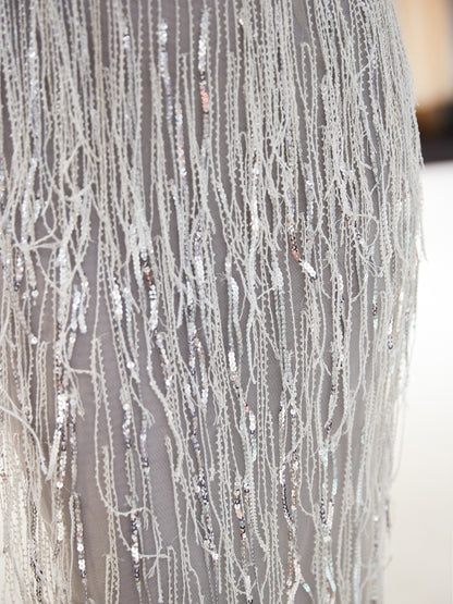 7-Day Dispatch Deep V-Neck Sleeveless Silver Grey Beaded Fringe Mermaid Gown Illusion Mesh V-Back Evening Dress