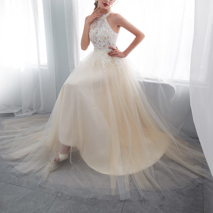 7-Day Dispatch Halter High Neck Pearl Collar Ivory Champagne Tulle A-Line Wedding Dress Illusion Lace Corset Back Bridal Gown