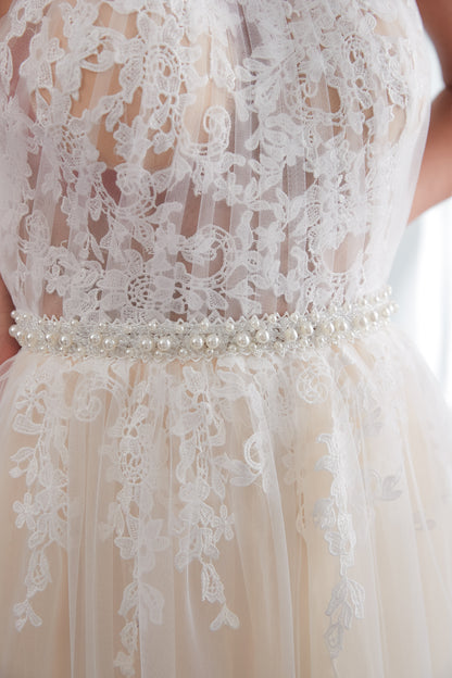 7-Day Dispatch Halter High Neck Pearl Collar Ivory Champagne Tulle A-Line Wedding Dress Illusion Lace Corset Back Bridal Gown