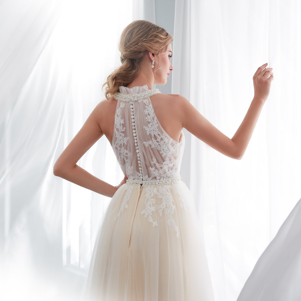 7-Day Dispatch Halter High Neck Pearl Collar Ivory Champagne Tulle A-Line Wedding Dress Illusion Lace Corset Back Bridal Gown