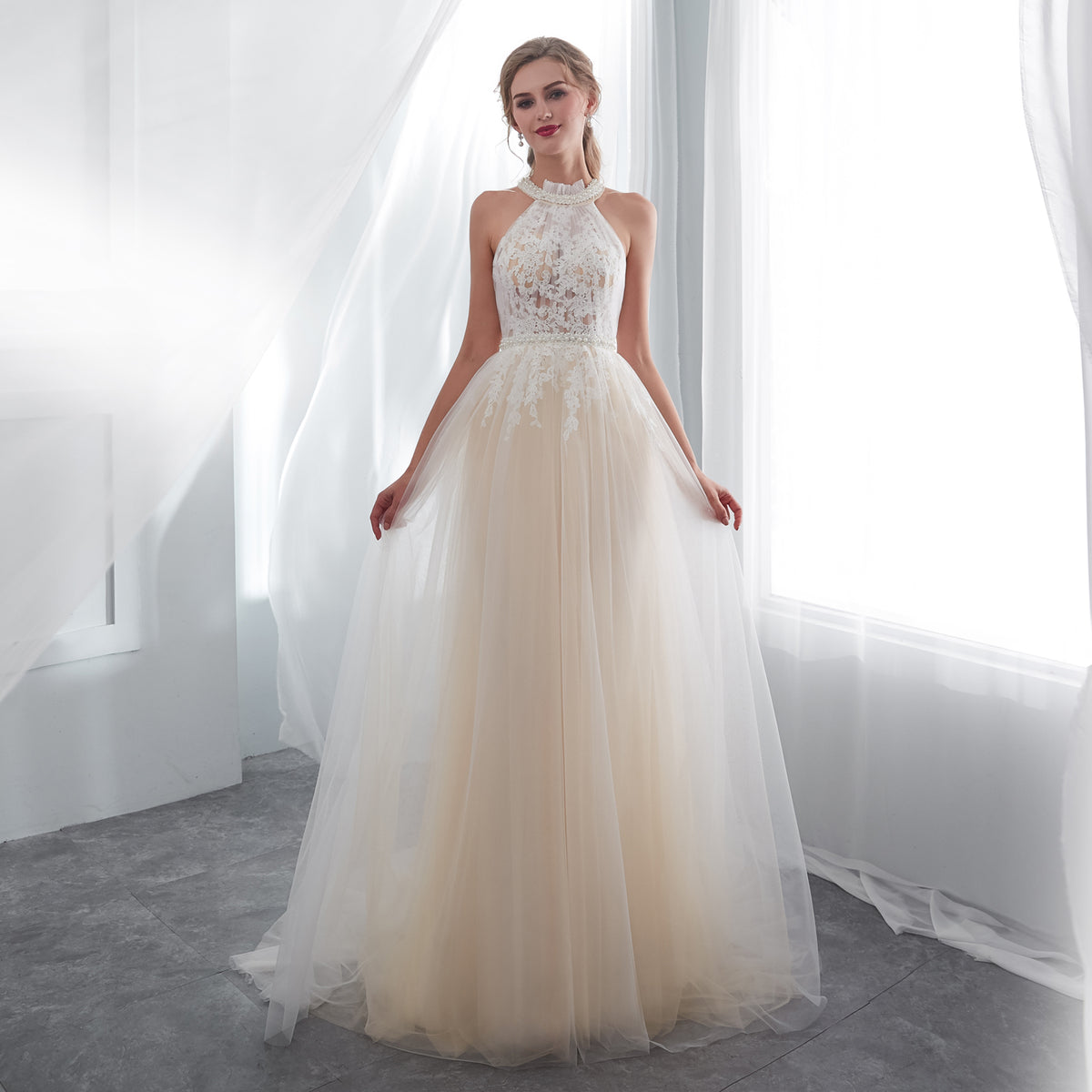 7-Day Dispatch Halter High Neck Pearl Collar Ivory Champagne Tulle A-Line Wedding Dress Illusion Lace Corset Back Bridal Gown
