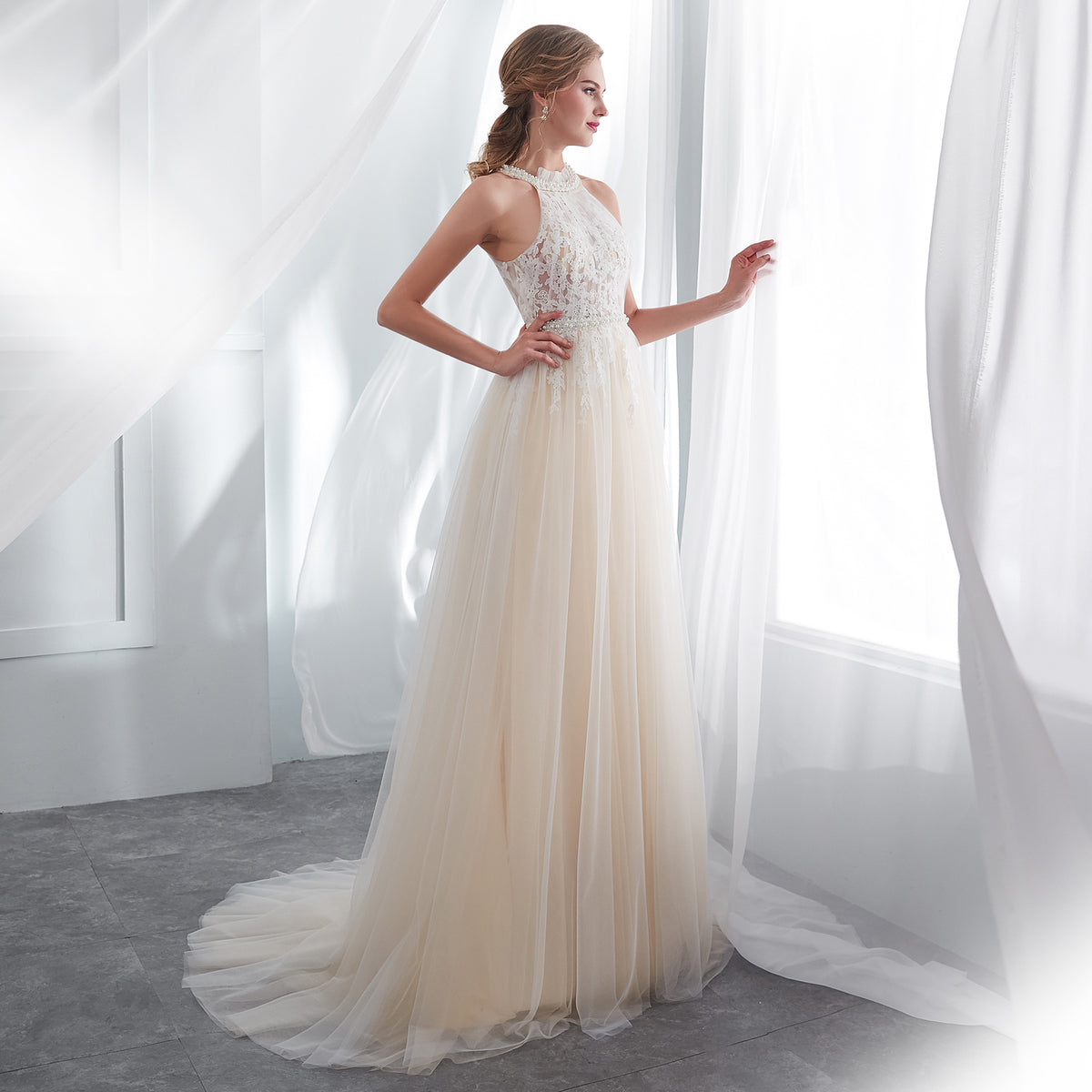 7-Day Dispatch Halter High Neck Pearl Collar Ivory Champagne Tulle A-Line Wedding Dress Illusion Lace Corset Back Bridal Gown
