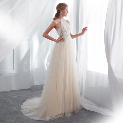 7-Day Dispatch Halter High Neck Pearl Collar Ivory Champagne Tulle A-Line Wedding Dress Illusion Lace Corset Back Bridal Gown