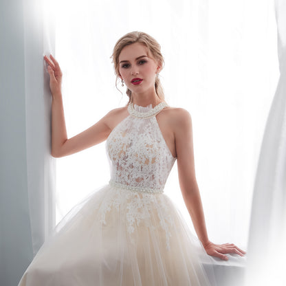 7-Day Dispatch Halter High Neck Pearl Collar Ivory Champagne Tulle A-Line Wedding Dress Illusion Lace Corset Back Bridal Gown