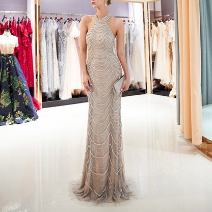 7-Day Dispatch Halter Neck Sleeveless Champagne Beaded Wave Pattern Mermaid Gown Open Back Sheer Tulle Train Evening Dress