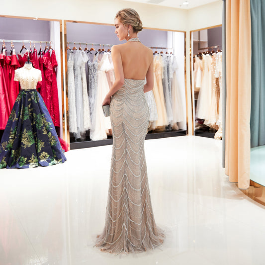 7-Day Dispatch Halter Neck Sleeveless Champagne Beaded Wave Pattern Mermaid Gown Open Back Sheer Tulle Train Evening Dress