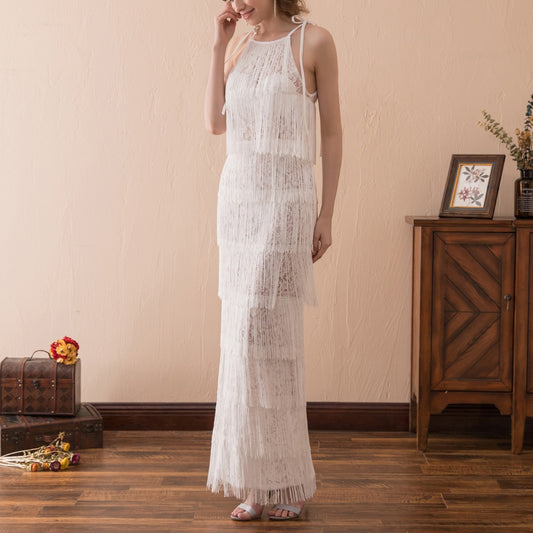 7-Day Dispatch Halter Neck White Sheer Lace Panel Tiered Long Fringe Sheath Evening Dress 1920s Vintage Style Party Gown