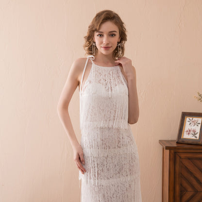 7-Day Dispatch Halter Neck White Sheer Lace Panel Tiered Long Fringe Sheath Evening Dress 1920s Vintage Style Party Gown