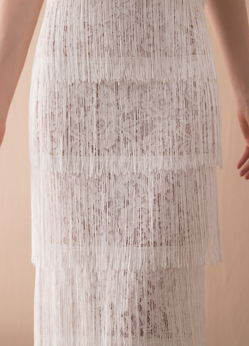 7-Day Dispatch Halter Neck White Sheer Lace Panel Tiered Long Fringe Sheath Evening Dress 1920s Vintage Style Party Gown