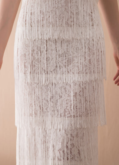 7-Day Dispatch Halter Neck White Sheer Lace Panel Tiered Long Fringe Sheath Evening Dress 1920s Vintage Style Party Gown