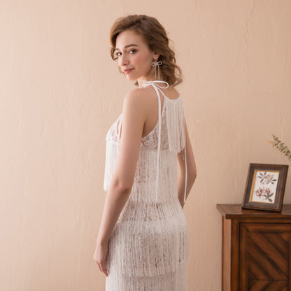 7-Day Dispatch Halter Neck White Sheer Lace Panel Tiered Long Fringe Sheath Evening Dress 1920s Vintage Style Party Gown