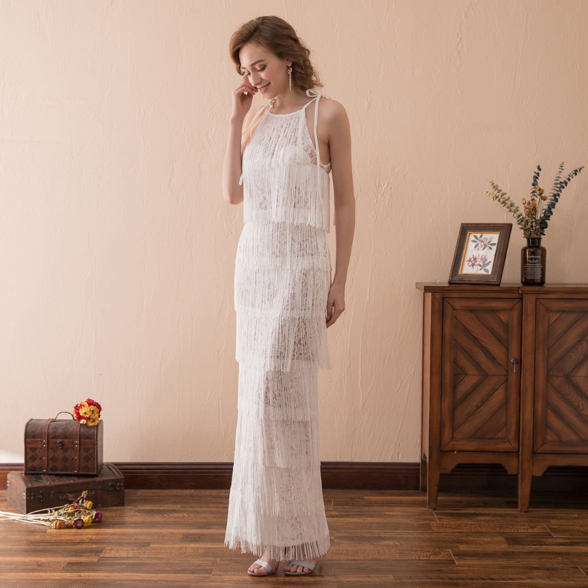 7-Day Dispatch Halter Neck White Sheer Lace Panel Tiered Long Fringe Sheath Evening Dress 1920s Vintage Style Party Gown