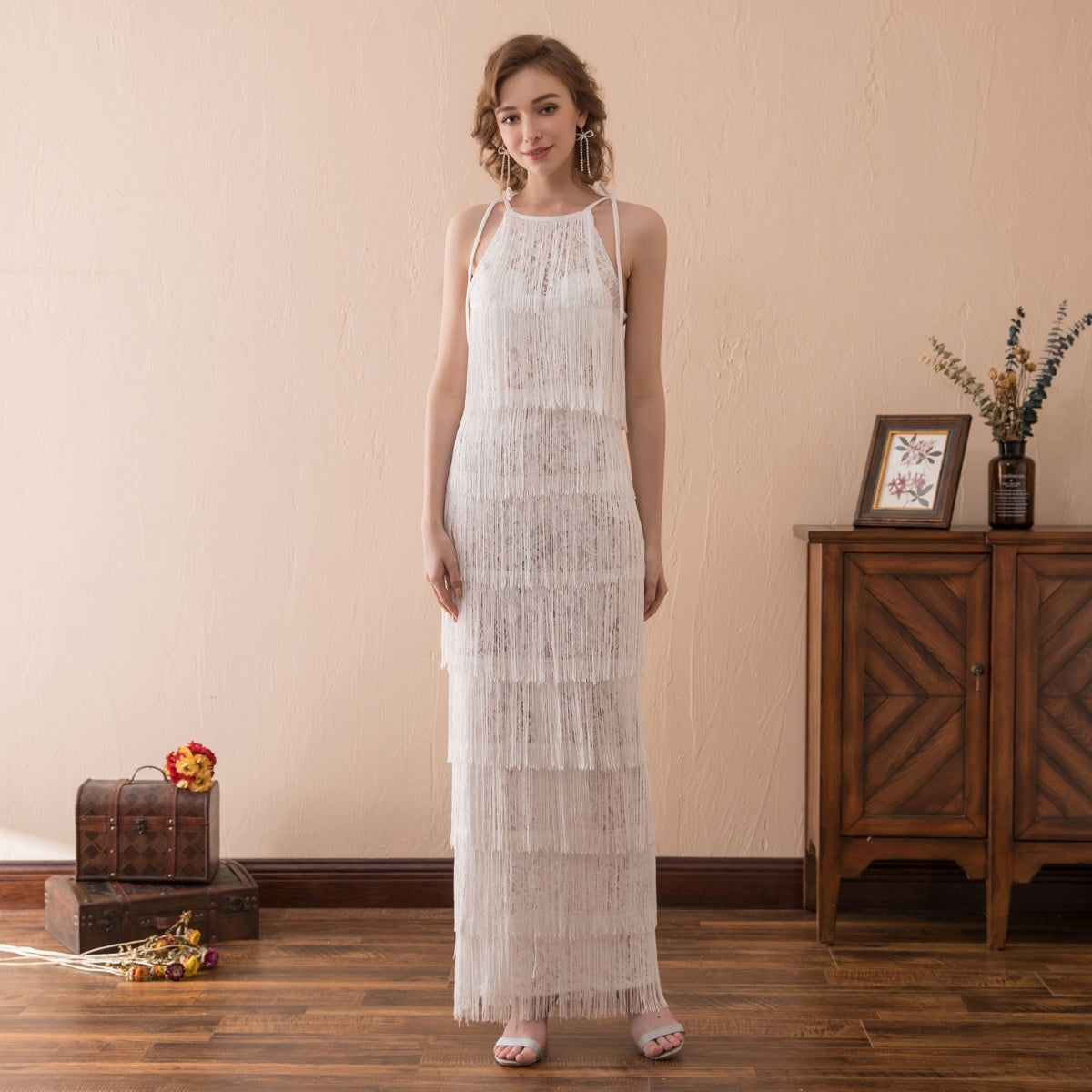 7-Day Dispatch Halter Neck White Sheer Lace Panel Tiered Long Fringe Sheath Evening Dress 1920s Vintage Style Party Gown