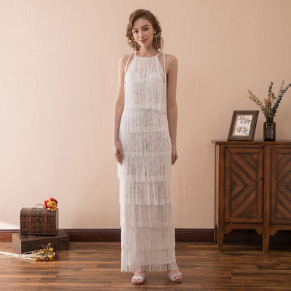 7-Day Dispatch Halter Neck White Sheer Lace Panel Tiered Long Fringe Sheath Evening Dress 1920s Vintage Style Party Gown