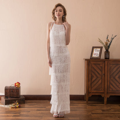 7-Day Dispatch Halter Neck White Sheer Lace Panel Tiered Long Fringe Sheath Evening Dress 1920s Vintage Style Party Gown