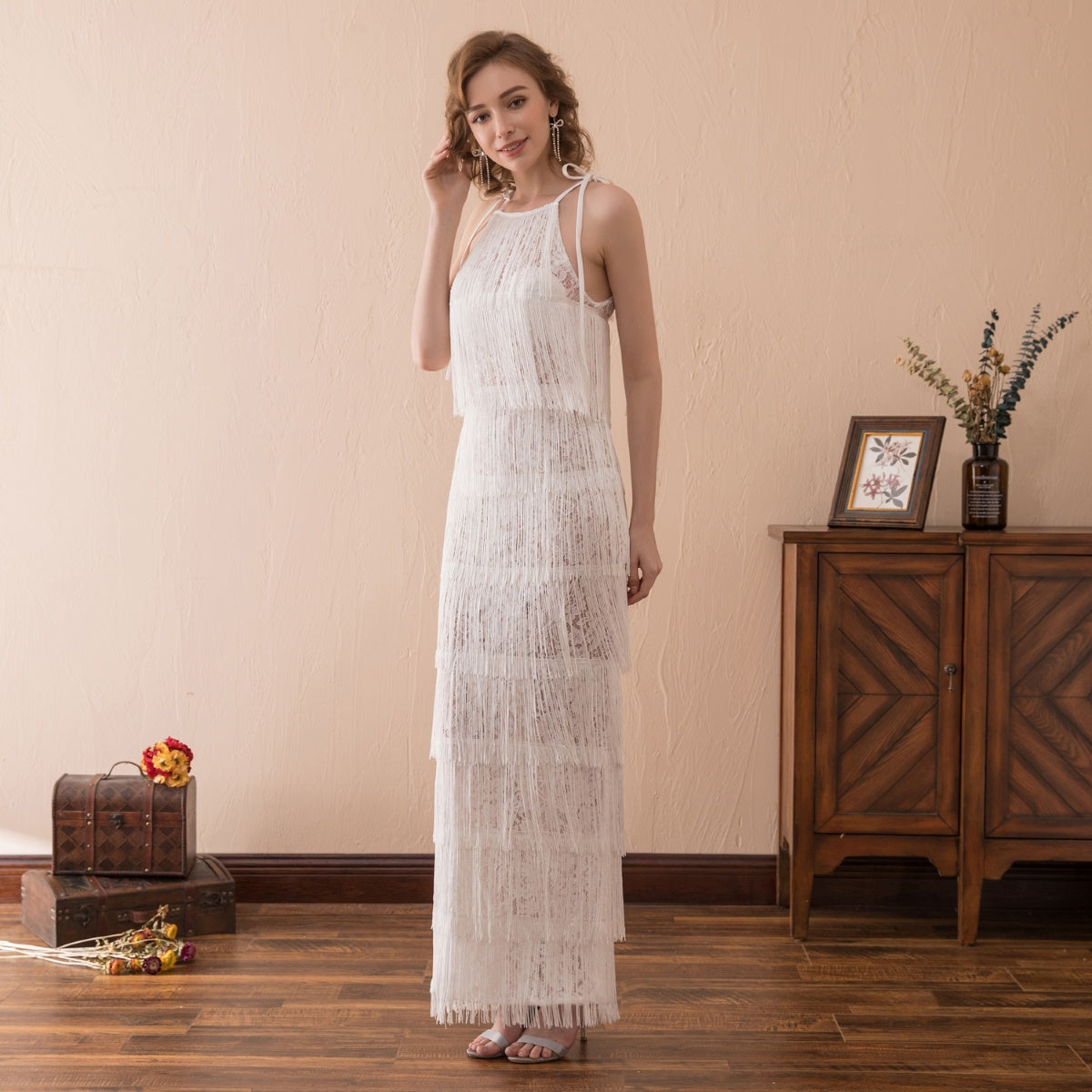 7-Day Dispatch Halter Neck White Sheer Lace Panel Tiered Long Fringe Sheath Evening Dress 1920s Vintage Style Party Gown