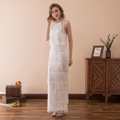 7-Day Dispatch Halter Neck White Sheer Lace Panel Tiered Long Fringe Sheath Evening Dress 1920s Vintage Style Party Gown