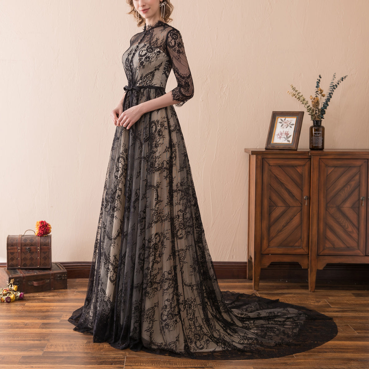 7-Day Dispatch High Neck 3/4 Sleeve Black Floral Lace Evening Gown Sheer Nude Lining A-Line Sweep Train Dress