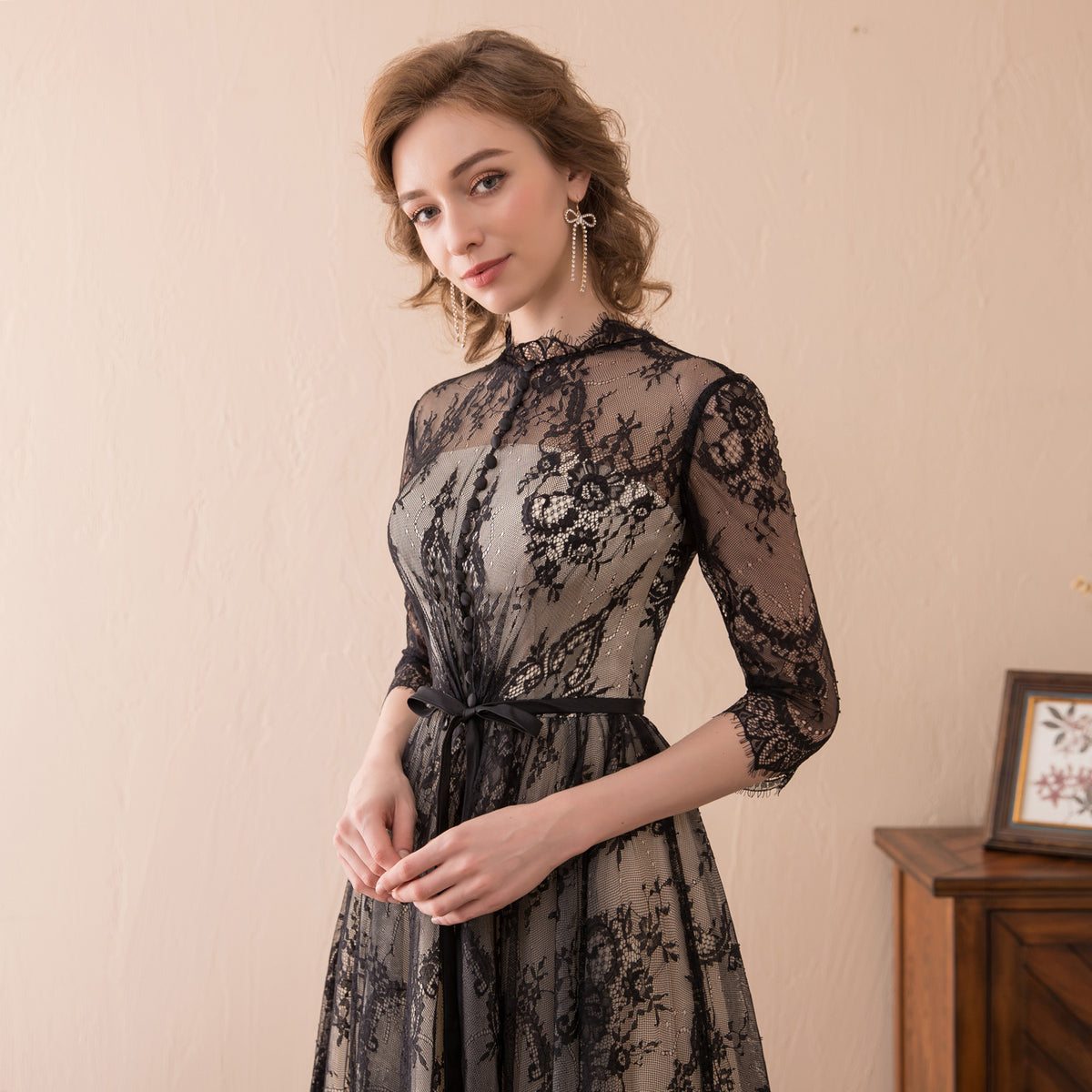 7-Day Dispatch High Neck 3/4 Sleeve Black Floral Lace Evening Gown Sheer Nude Lining A-Line Sweep Train Dress