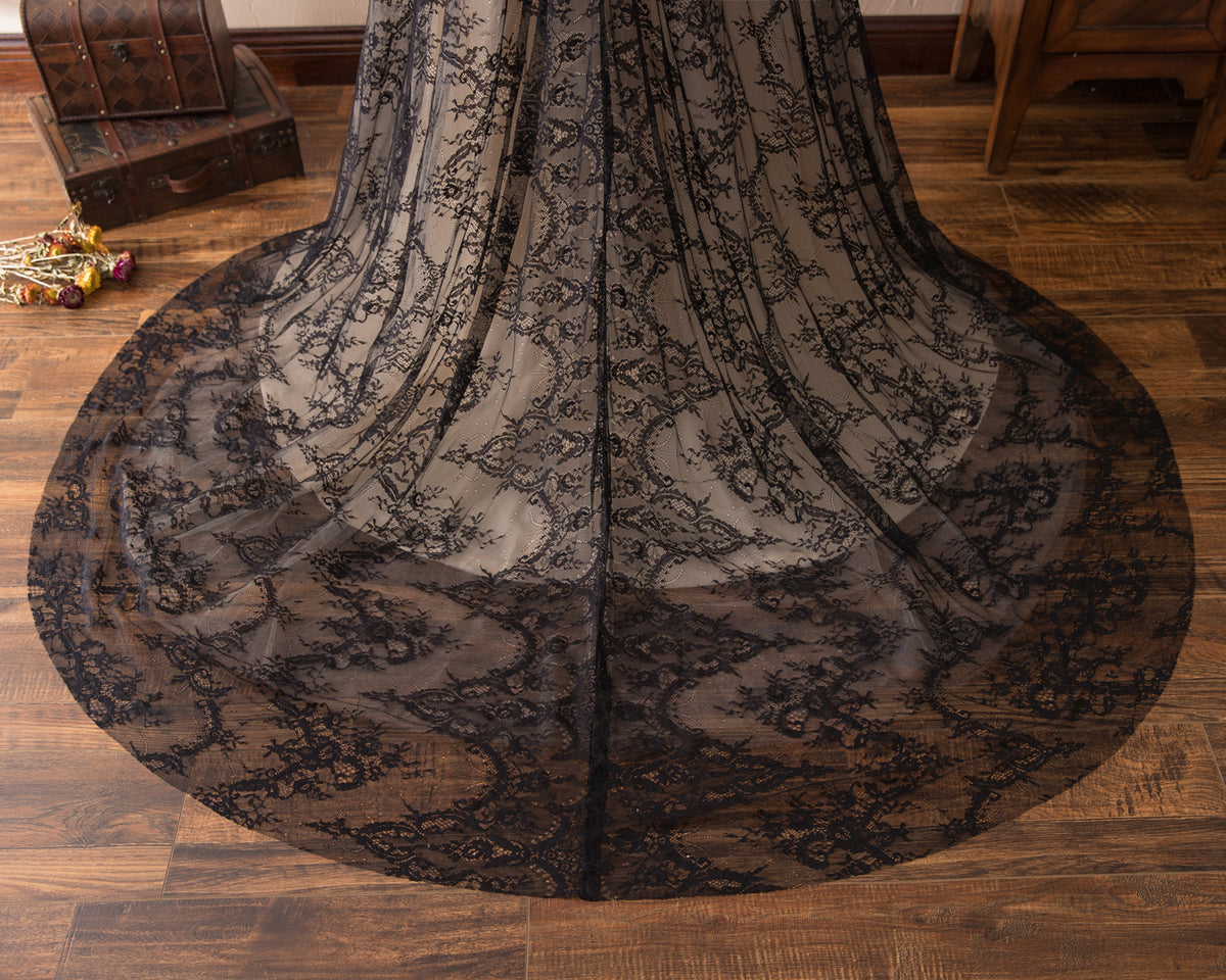 7-Day Dispatch High Neck 3/4 Sleeve Black Floral Lace Evening Gown Sheer Nude Lining A-Line Sweep Train Dress