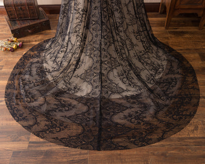 7-Day Dispatch High Neck 3/4 Sleeve Black Floral Lace Evening Gown Sheer Nude Lining A-Line Sweep Train Dress