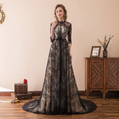 7-Day Dispatch High Neck 3/4 Sleeve Black Floral Lace Evening Gown Sheer Nude Lining A-Line Sweep Train Dress