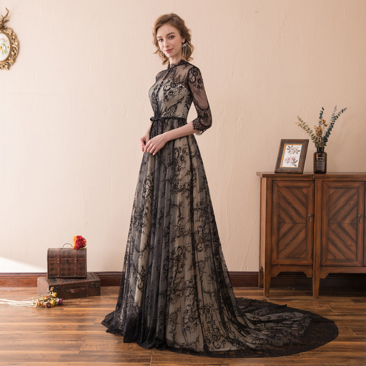7-Day Dispatch High Neck 3/4 Sleeve Black Floral Lace Evening Gown Sheer Nude Lining A-Line Sweep Train Dress