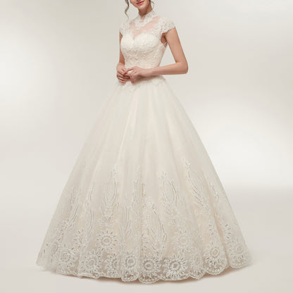 7-Day Dispatch High Neck Illusion Sweetheart White Lace Tulle Ball Gown Keyhole Back Lace-up Wedding Dress
