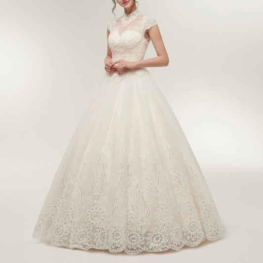 7-Day Dispatch High Neck Illusion Sweetheart White Lace Tulle Ball Gown Keyhole Back Lace-up Wedding Dress