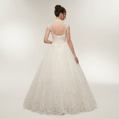 7-Day Dispatch High Neck Illusion Sweetheart White Lace Tulle Ball Gown Keyhole Back Lace-up Wedding Dress