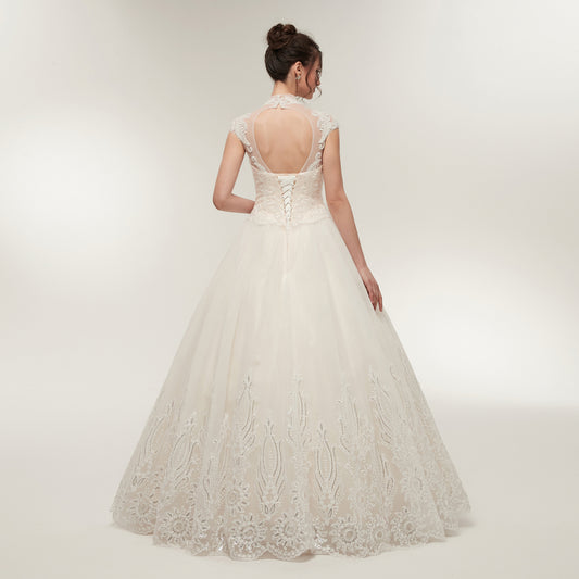 7-Day Dispatch High Neck Illusion Sweetheart White Lace Tulle Ball Gown Keyhole Back Lace-up Wedding Dress