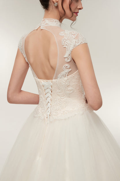 7-Day Dispatch High Neck Illusion Sweetheart White Lace Tulle Ball Gown Keyhole Back Lace-up Wedding Dress