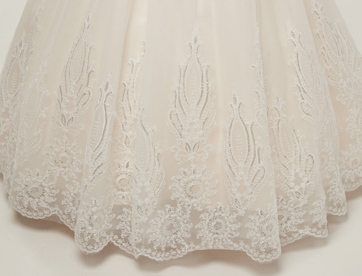 7-Day Dispatch High Neck Illusion Sweetheart White Lace Tulle Ball Gown Keyhole Back Lace-up Wedding Dress