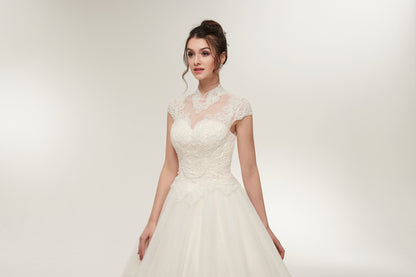 7-Day Dispatch High Neck Illusion Sweetheart White Lace Tulle Ball Gown Keyhole Back Lace-up Wedding Dress