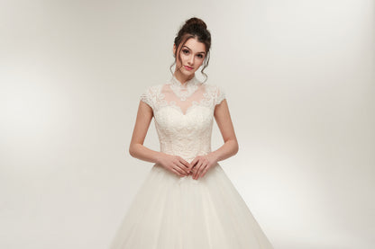 7-Day Dispatch High Neck Illusion Sweetheart White Lace Tulle Ball Gown Keyhole Back Lace-up Wedding Dress
