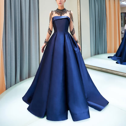 7-Day Dispatch High Neck Sheer Long Sleeve Navy Blue Satin Ball Gown Luxurious Beaded Lace Applique Open Back Formal Dress