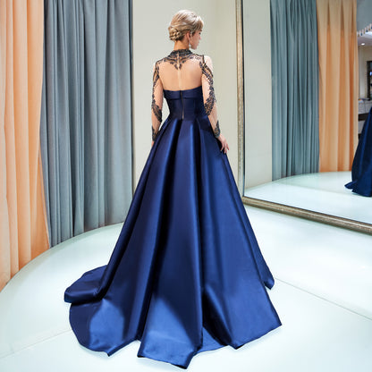 7-Day Dispatch High Neck Sheer Long Sleeve Navy Blue Satin Ball Gown Luxurious Beaded Lace Applique Open Back Formal Dress